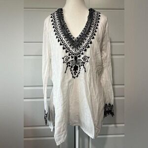 Ingear Resort Embroidered Tunic Cover-Up V-Neck Long Sleeve Beach‎ Wear Size L